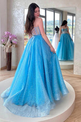 Bling A Line Spaghetti Straps Light Blue Sequns Long Prom Dress